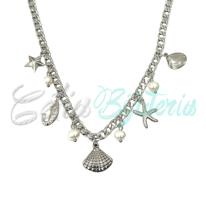 Steel Necklace - shell, whelk, starfish, shrimp, and pearls