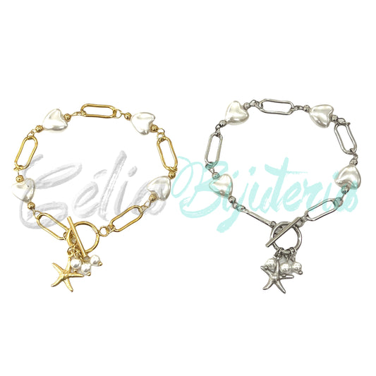 Pulsera de acero - estrella de mar y perlas en forma de corazón