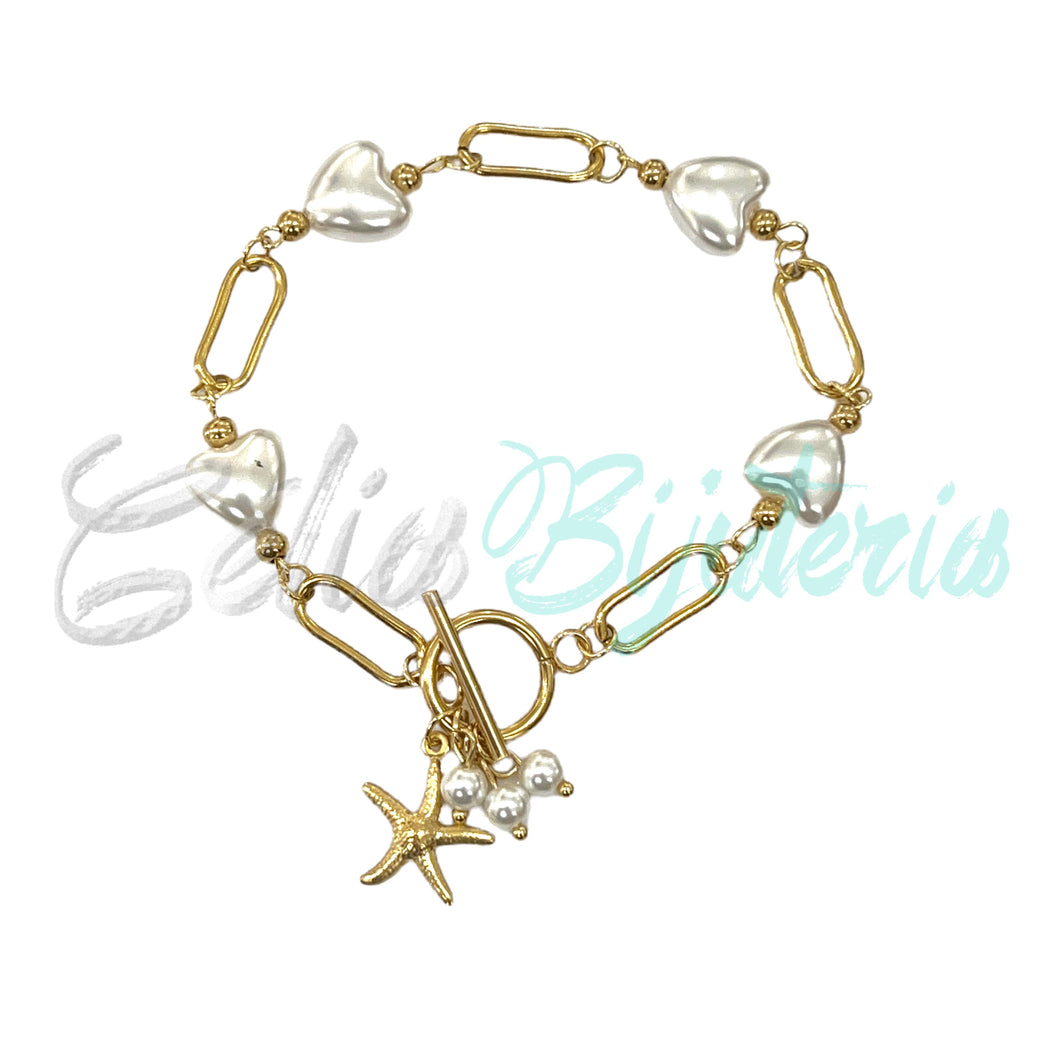 Pulsera de acero - estrella de mar y perlas en forma de corazón