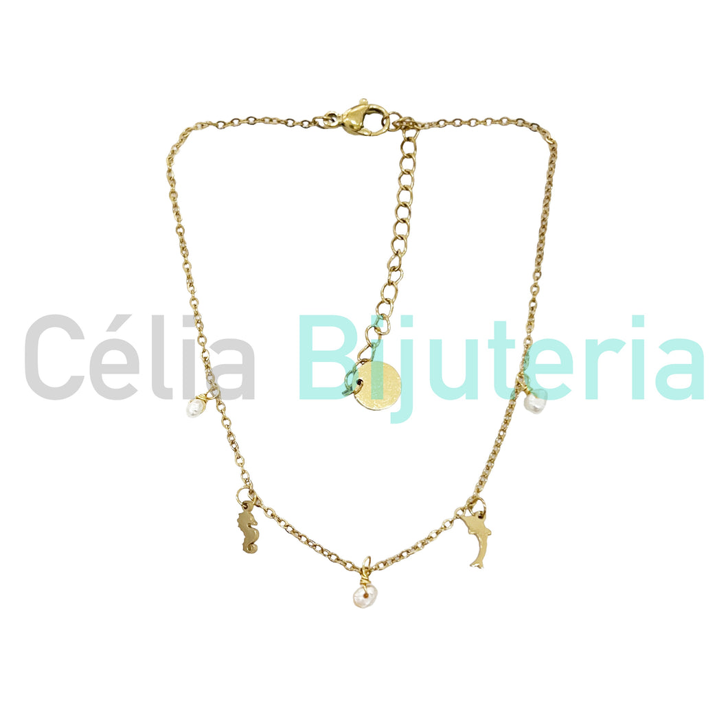 Tobillera de acero - perlas con medallas 