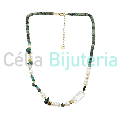 不锈钢项链 - 天然宝石和淡水珍珠