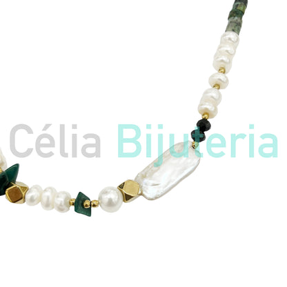 不锈钢项链 - 天然宝石和淡水珍珠