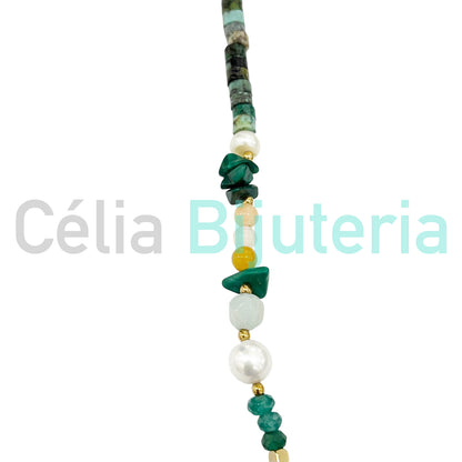 不锈钢项链 - 天然宝石和淡水珍珠