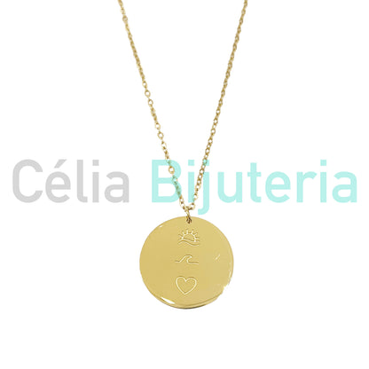 Colar de Aço com medalha - sol, onda, coração