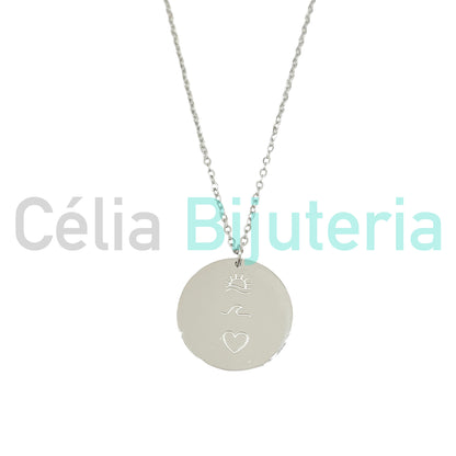 Colar de Aço com medalha - sol, onda, coração