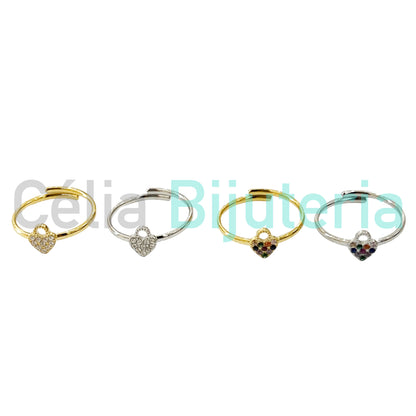 Steel Ring with Charm Featuring Zirconias - Heart-Shaped Lock