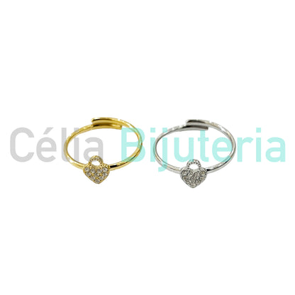 Steel Ring with Charm Featuring Zirconias - Heart-Shaped Lock