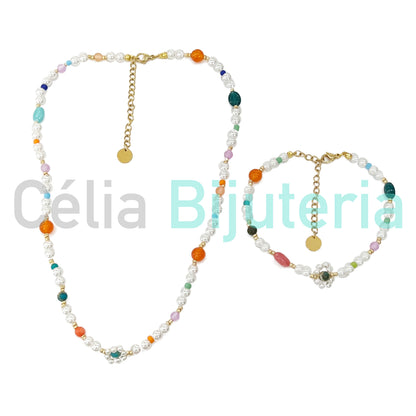 Colar / Pulseira de Aço com pérolas e pedras