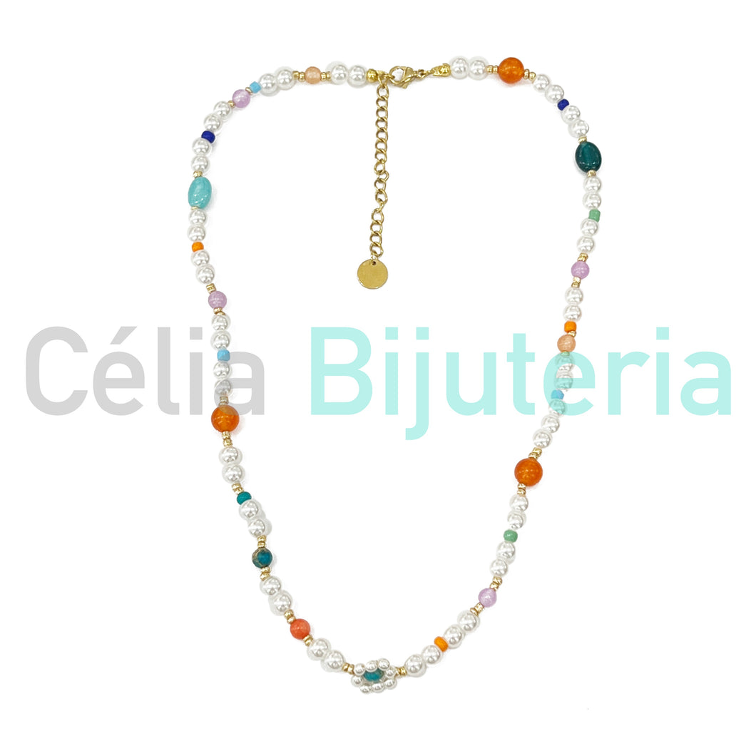 Colar / Pulseira de Aço com pérolas e pedras