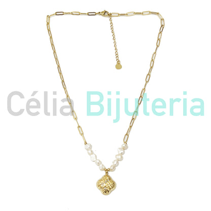 Colar de Aço com pérolas de água doce - trevo