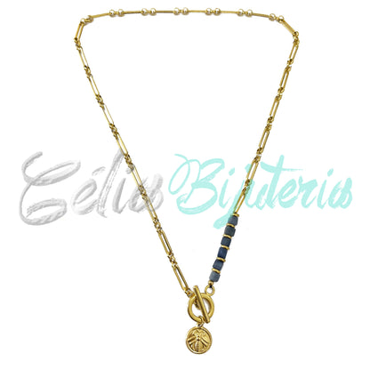 Steel Necklace with Natural Stones and Insect Medal