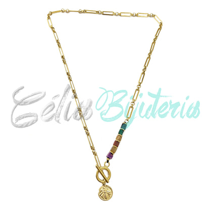 Steel Necklace with Natural Stones and Insect Medal