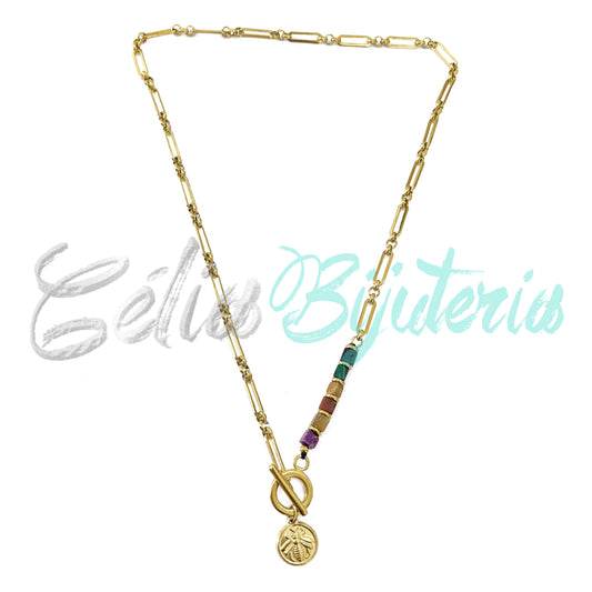 Collar de Acero con Piedras Naturales y Medalla de Insectos