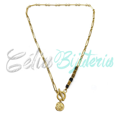 Steel Necklace with Natural Stones and Insect Medal