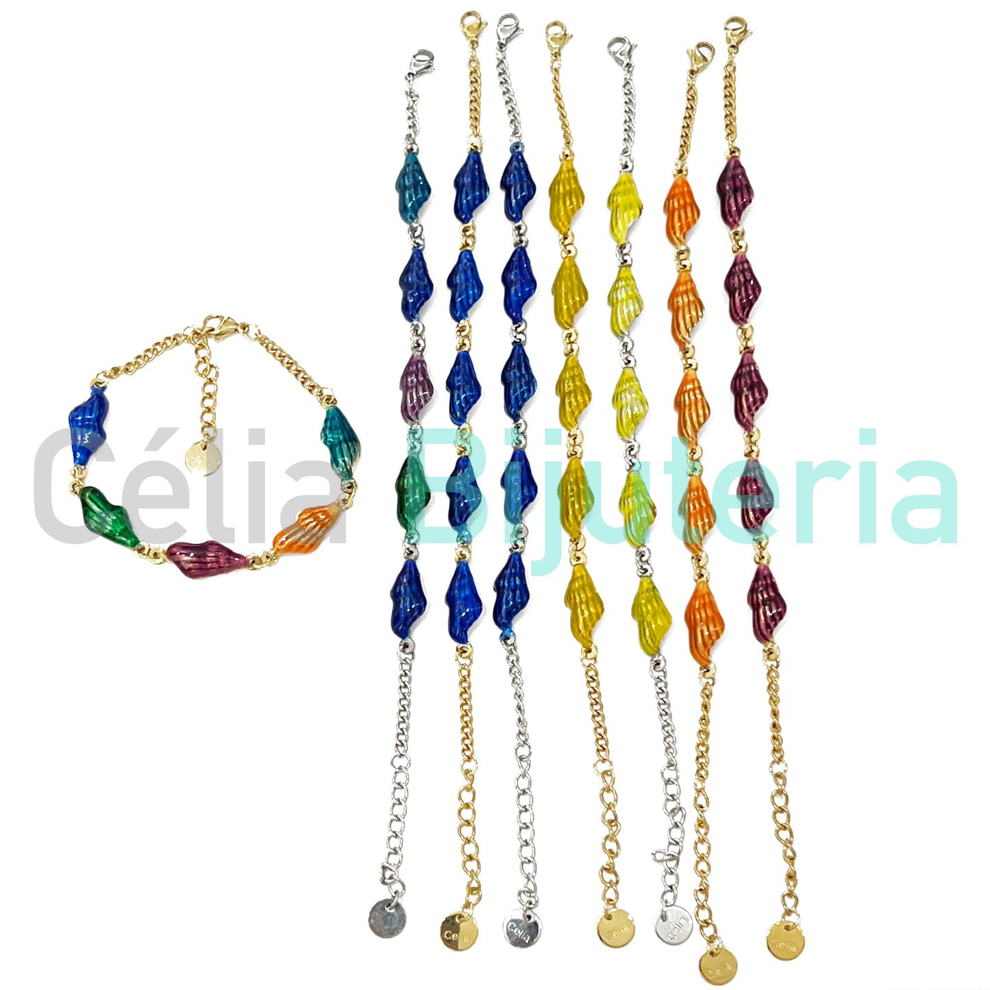 Pulseira de Aço - búzios coloridos