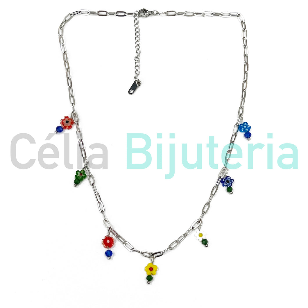 Collar/pulsera de acero - cuentas de flores - plata