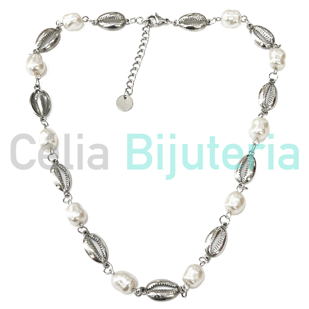 Collar/Pulsera/Tobillera de Acero - conchas con perlas