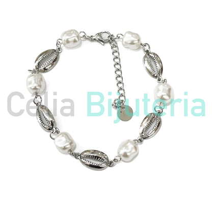 Colar/Pulseira/Tornozeleira de Aço - búzios com pérolas