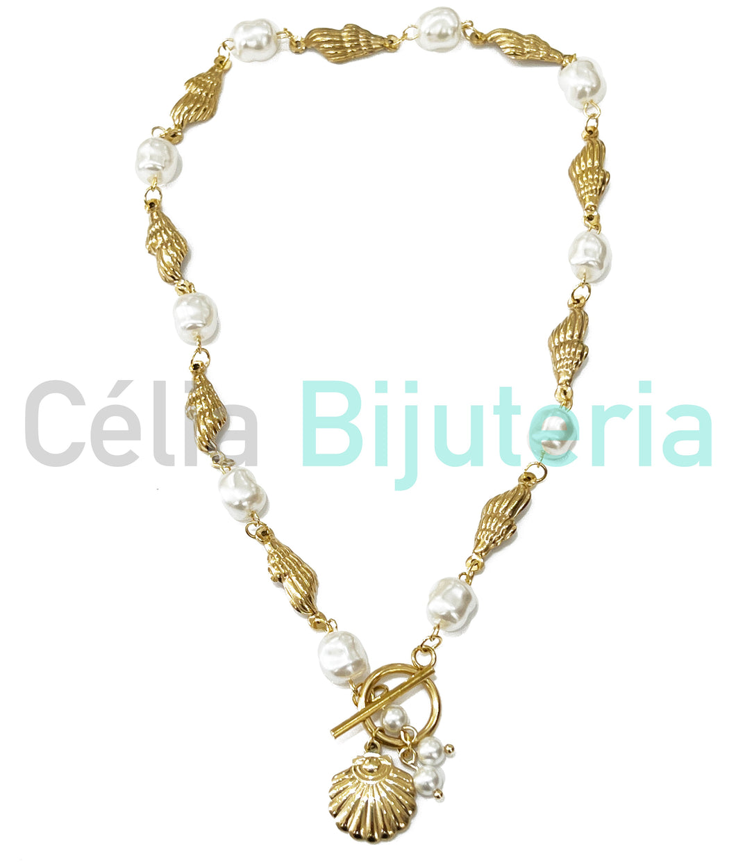 Collar/Pulsera de Acero - conchas de cauri con perlas