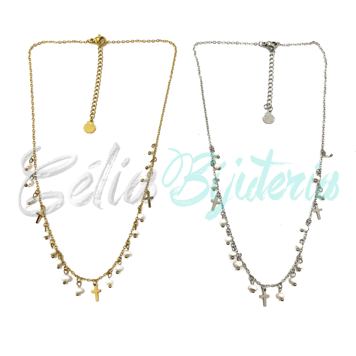 Colar de Aço com medalhinhas e pérolas de água doce - cruz