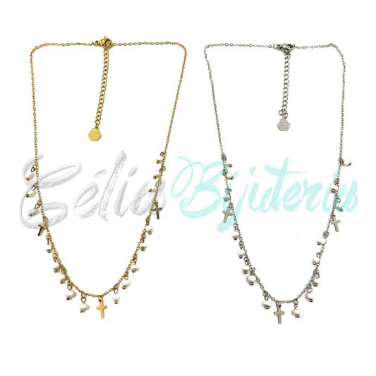 Colar de Aço com medalhinhas e pérolas de água doce - cruz