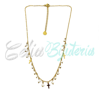 Colar de Aço com medalhinhas e pérolas de água doce - cruz