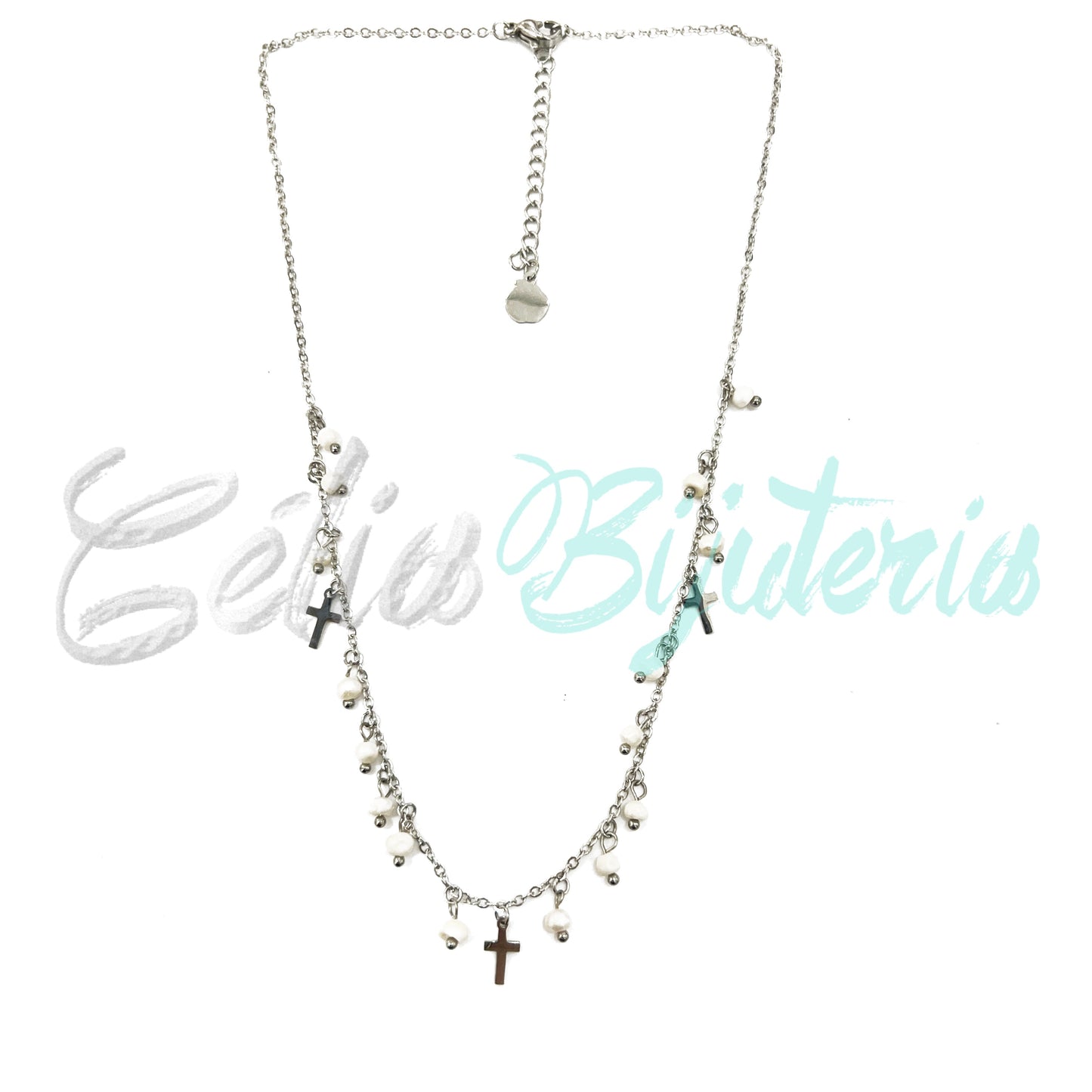 Colar de Aço com medalhinhas e pérolas de água doce - cruz