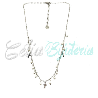 Colar de Aço com medalhinhas e pérolas de água doce - cruz