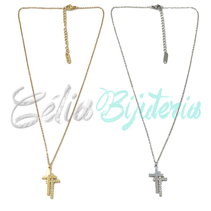 Colar de Aço com Cruz com Brilhantes