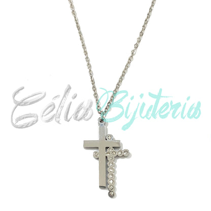 Colar de Aço com Cruz com Brilhantes