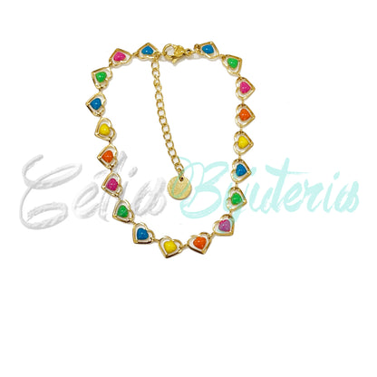 Colar/Pulseira de Aço - corações coloridos