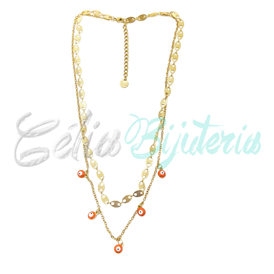 Collar/Pulsera Doble Acero - Ojo Turco Naranja