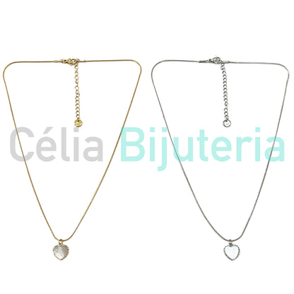 Steel Snake Chain Necklace with Mother-of-Pearl Heart Medal