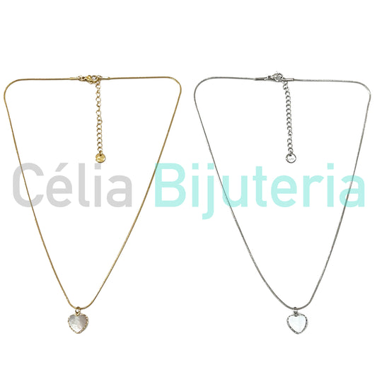 Steel Snake Chain Necklace with Mother-of-Pearl Heart Medal