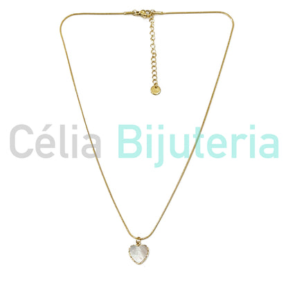 Steel Snake Chain Necklace with Mother-of-Pearl Heart Medal