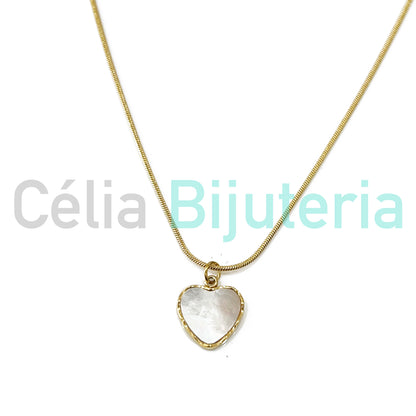 Steel Snake Chain Necklace with Mother-of-Pearl Heart Medal