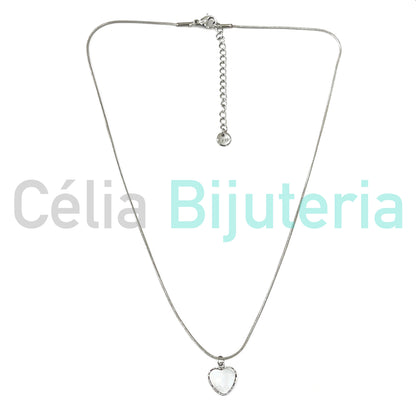 Steel Snake Chain Necklace with Mother-of-Pearl Heart Medal