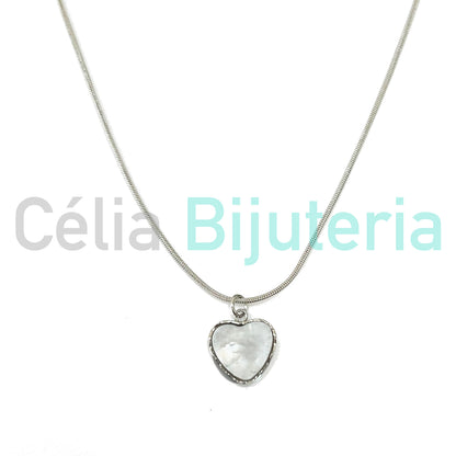 Steel Snake Chain Necklace with Mother-of-Pearl Heart Medal