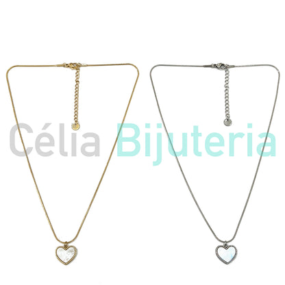 Steel Snake Chain Necklace with Mother-of-Pearl Heart Medal