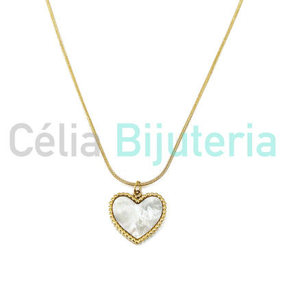 Steel Snake Chain Necklace with Mother-of-Pearl Heart Medal