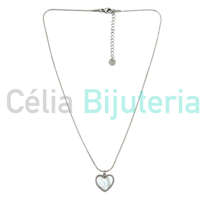 Steel Snake Chain Necklace with Mother-of-Pearl Heart Medal