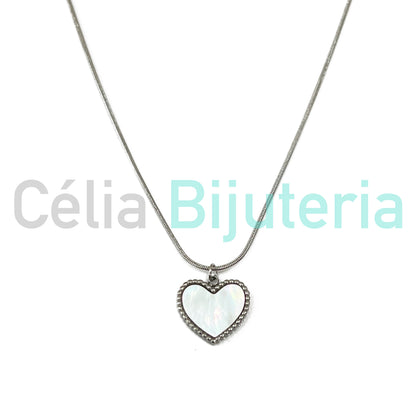 Steel Snake Chain Necklace with Mother-of-Pearl Heart Medal
