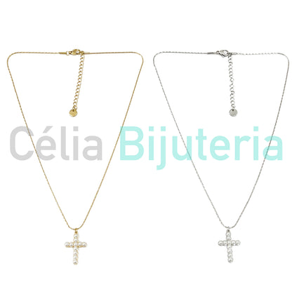 Steel Snake Chain Necklace with Cross Medal and Pearls Detail