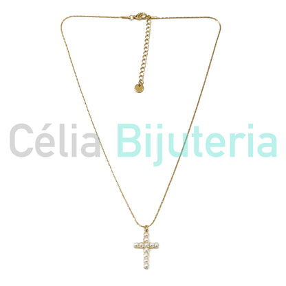 Steel Snake Chain Necklace with Cross Medal and Pearls Detail