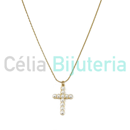 Steel Snake Chain Necklace with Cross Medal and Pearls Detail