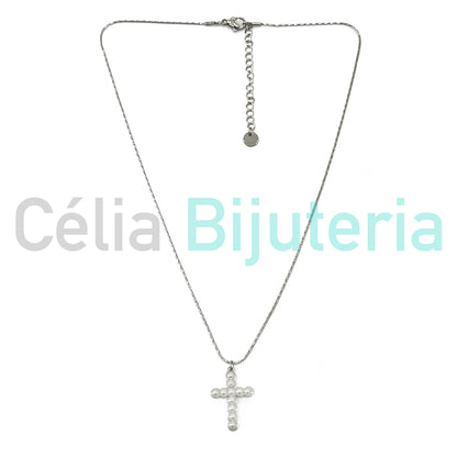 Steel Snake Chain Necklace with Cross Medal and Pearls Detail