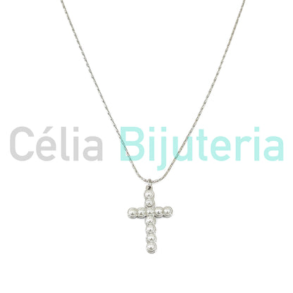Steel Snake Chain Necklace with Cross Medal and Pearls Detail