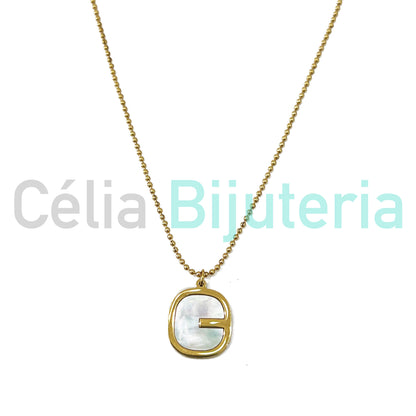 Steel Bead Necklace with Mother-of-Pearl Medal