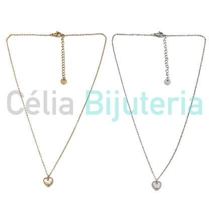 Steel Necklace with Medal Spacer - Heart with Mother-of-Pearl (front and back)