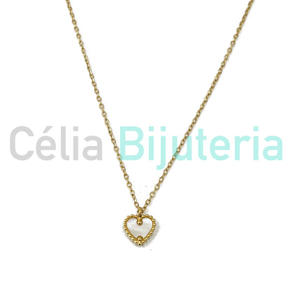 Steel Necklace with Medal Spacer - Heart with Mother-of-Pearl (front and back)